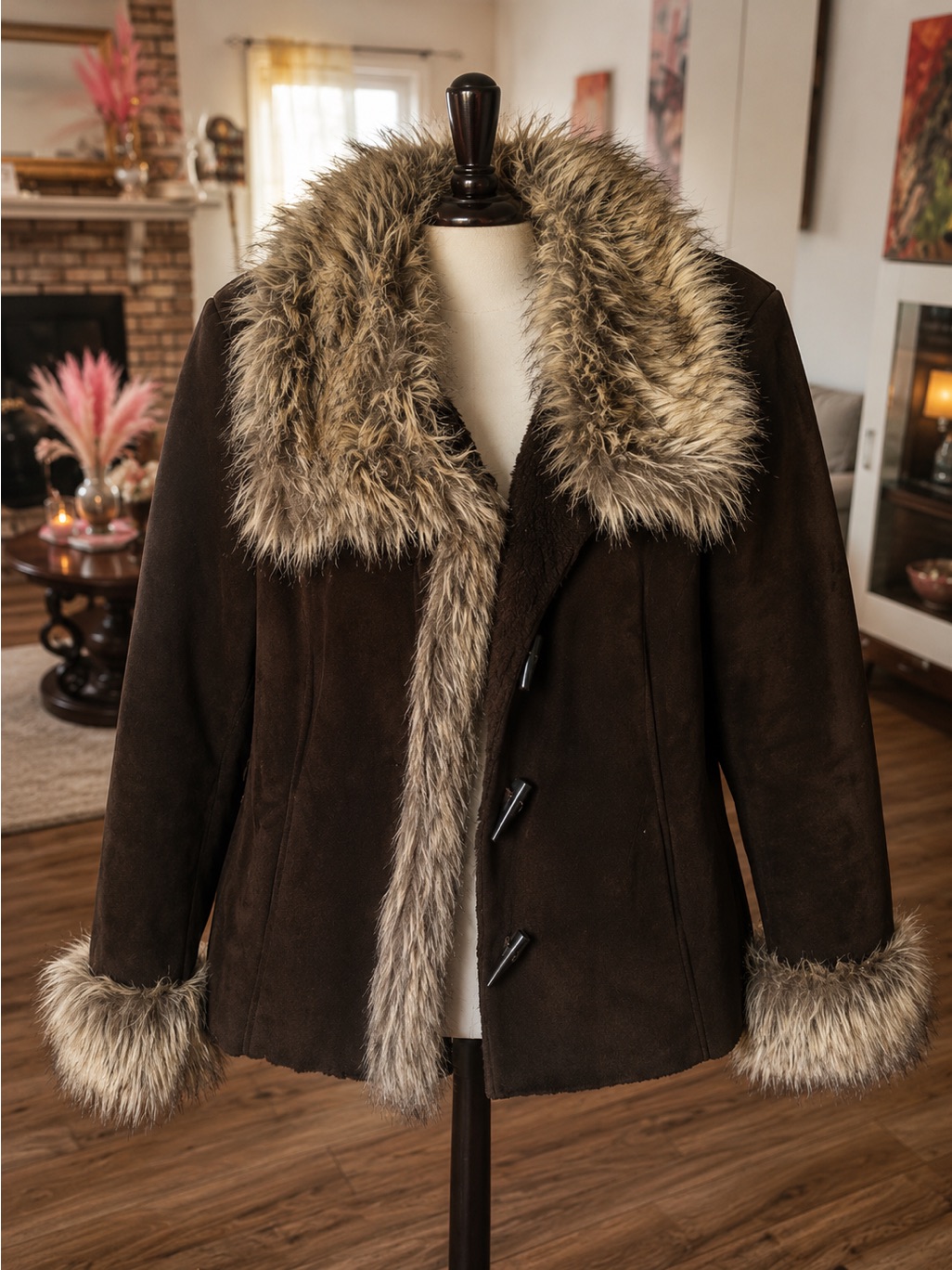 Faux Fur-Trim Brown Suede Jacket